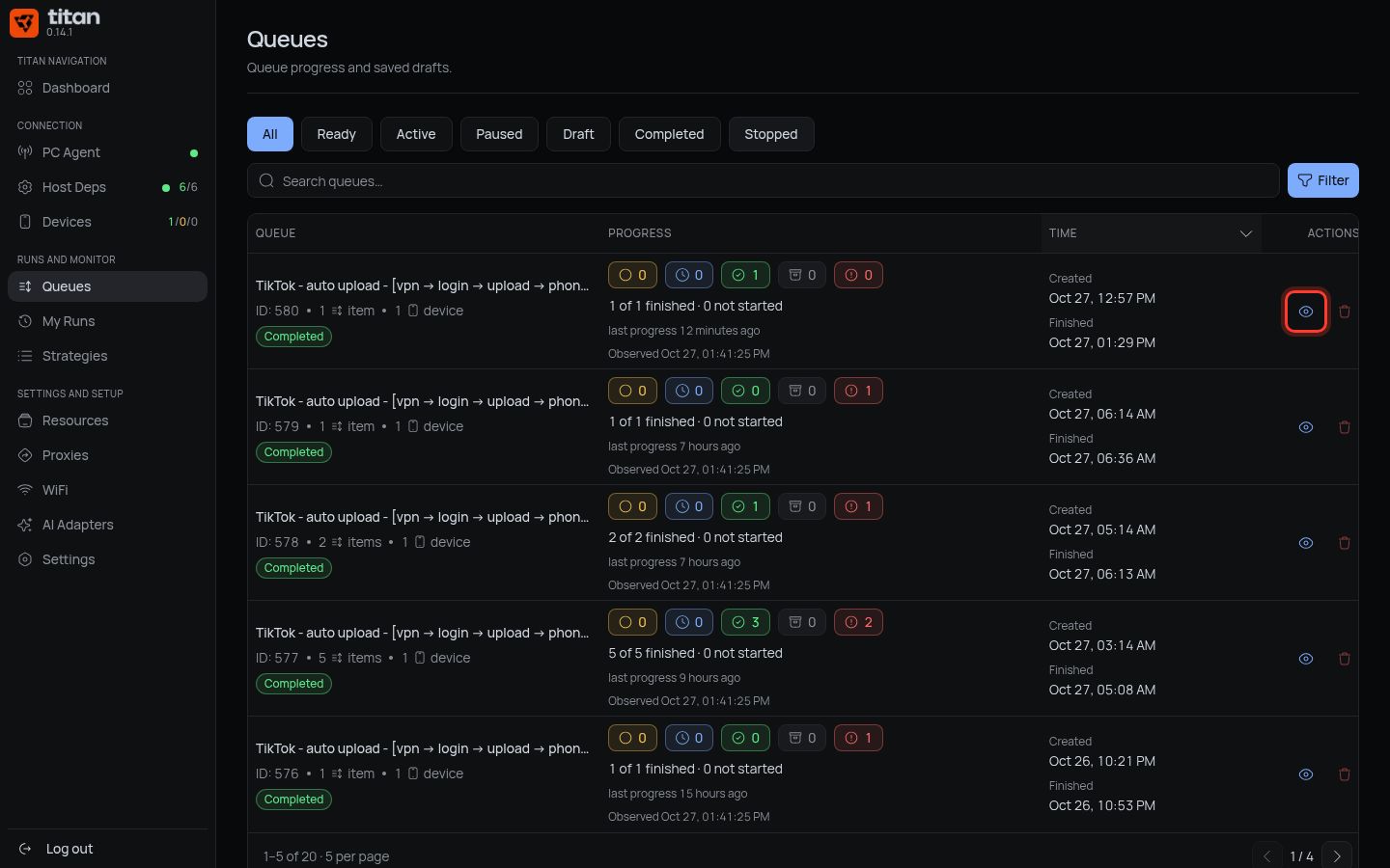 Open queue (eye) button in the queue row
