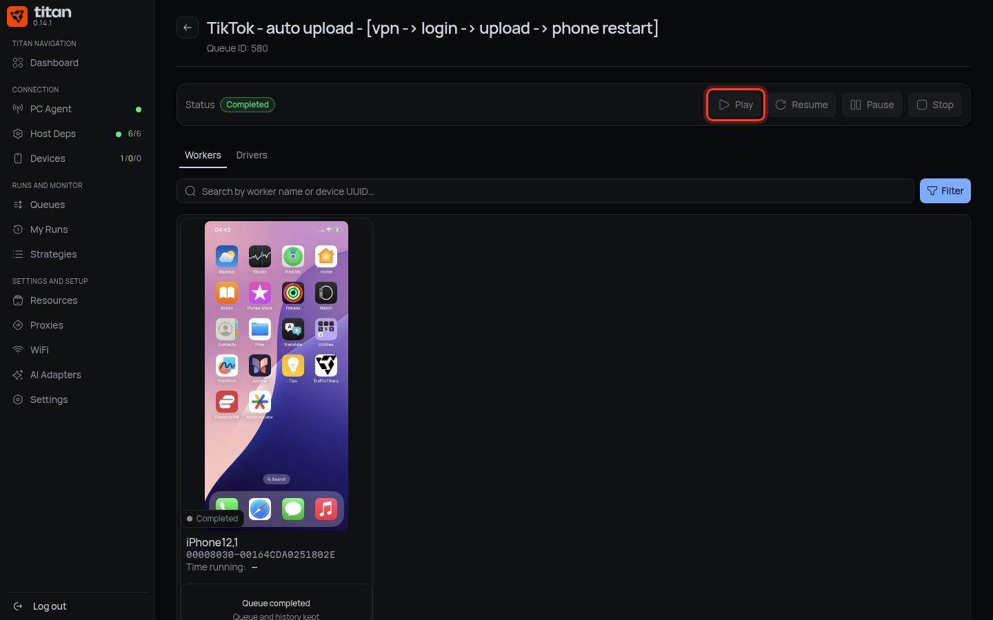 Play button on the queue page