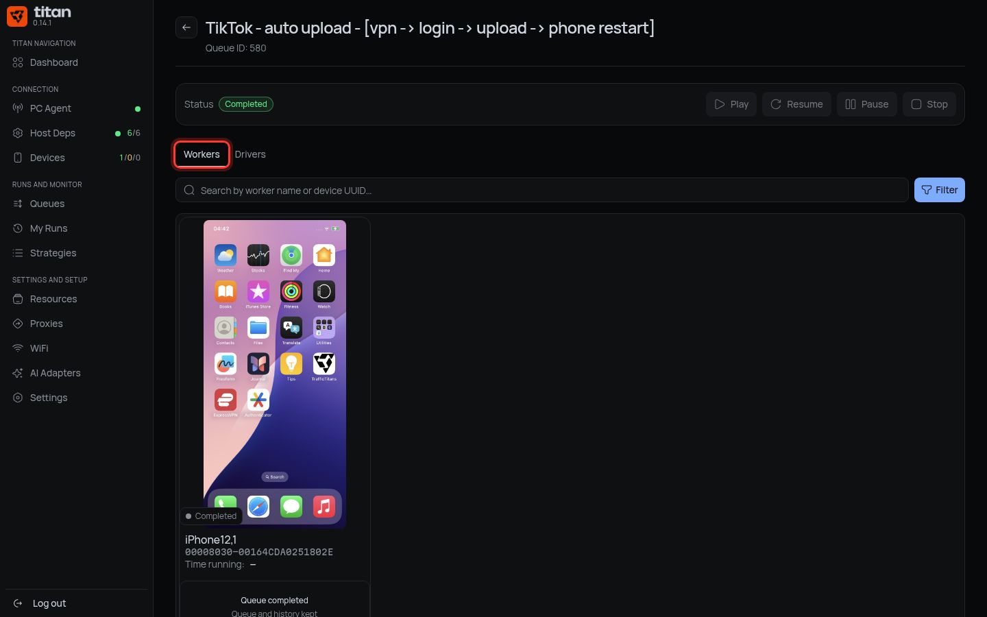 Workers tab listing the chosen phones