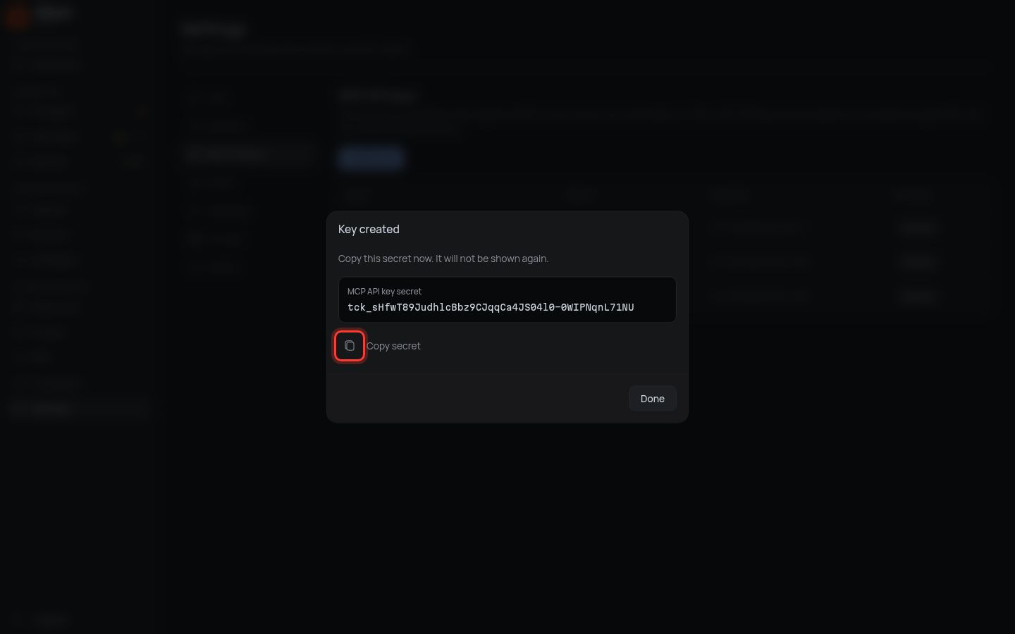 Key created, Copy secret button