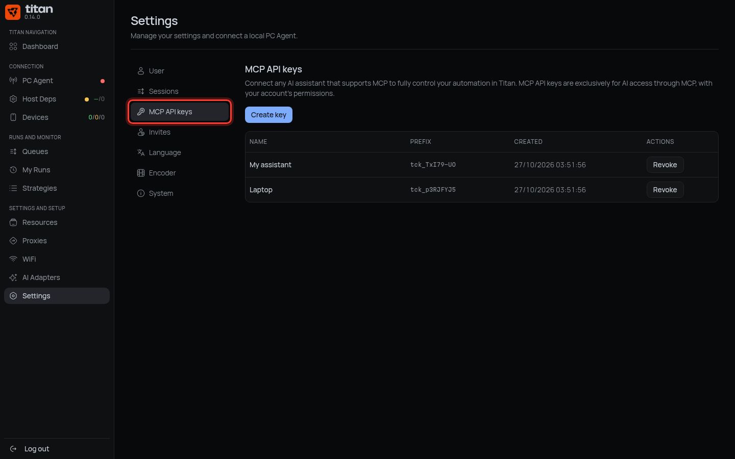 Settings, MCP API keys tab