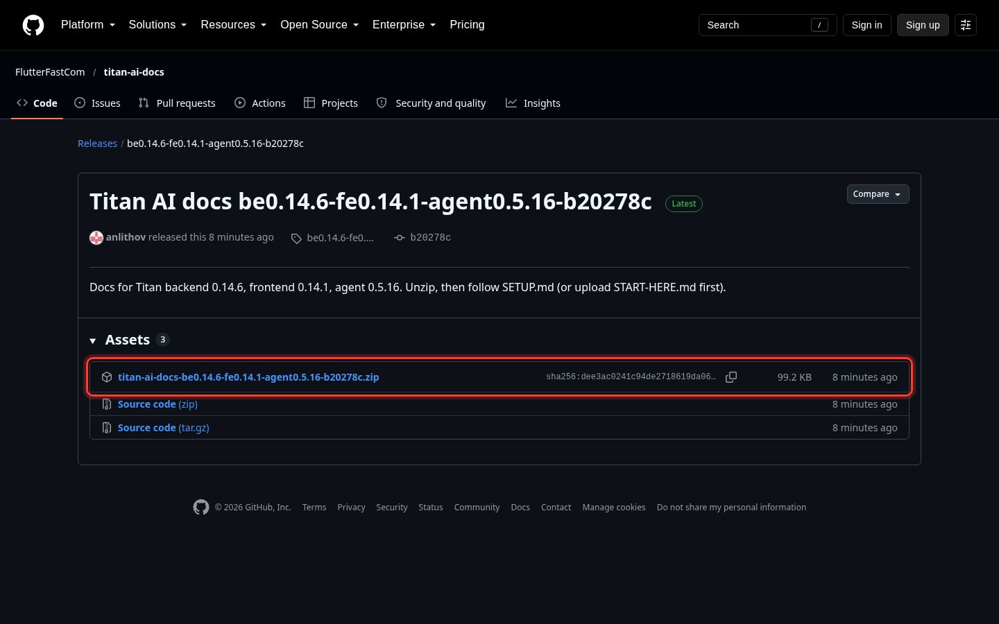 Release page, the zip under Assets