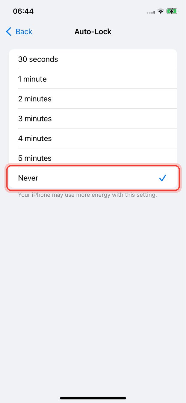 Auto-Lock set to Never