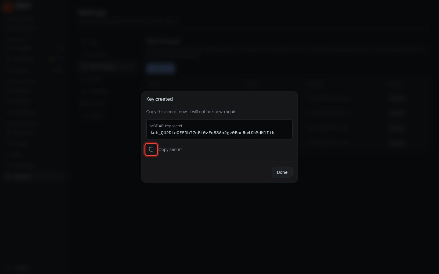 Key created, Copy secret button