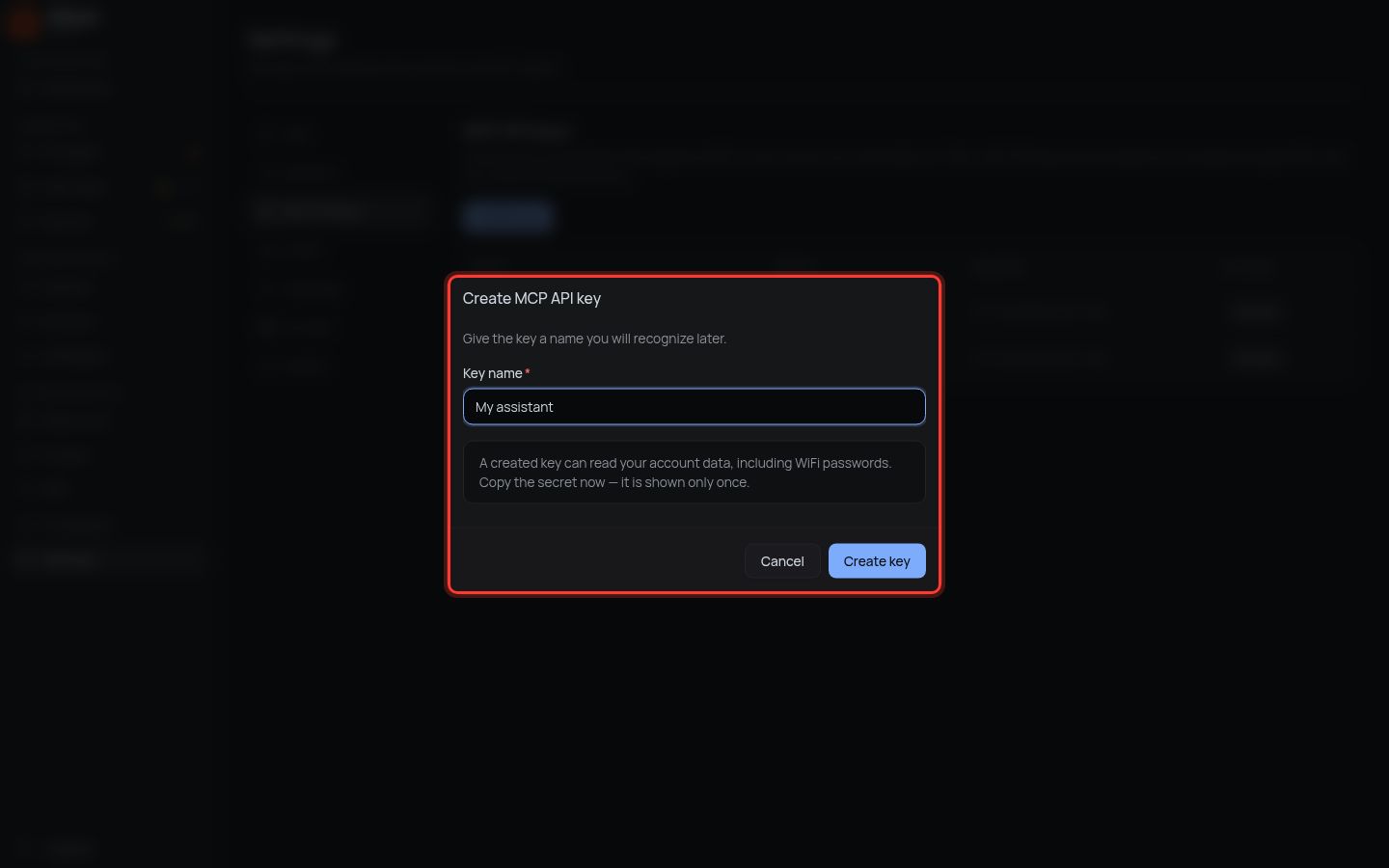 Create MCP API key dialog, Key name filled in