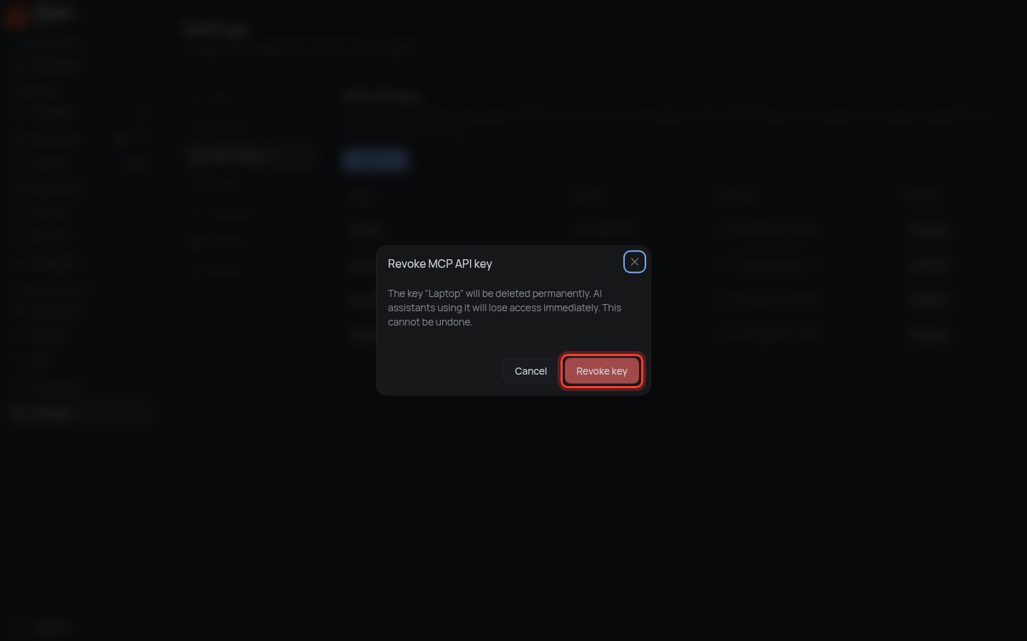 Revoke MCP API key dialog, Revoke key button