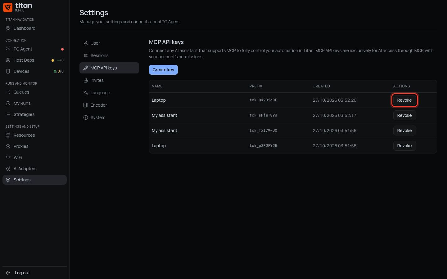 Revoke button on a key row